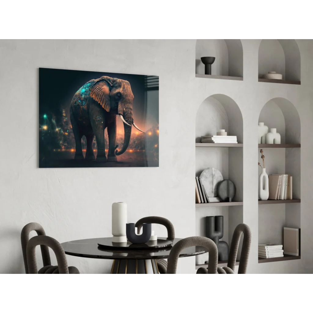 Glowing elephant glass wall art with teal orange accents and city lights