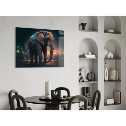 Glowing elephant glass wall art with teal orange accents and city lights