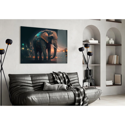 Majestic glowing elephant glass wall art with futuristic city lights