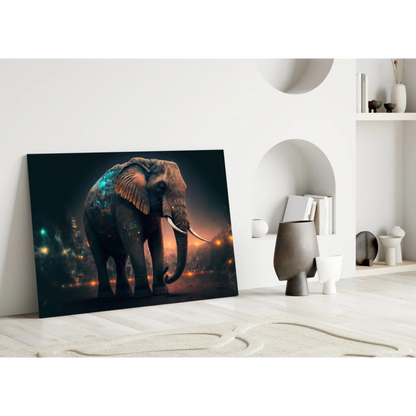 Majestic glowing elephant glass wall art with futuristic city lights