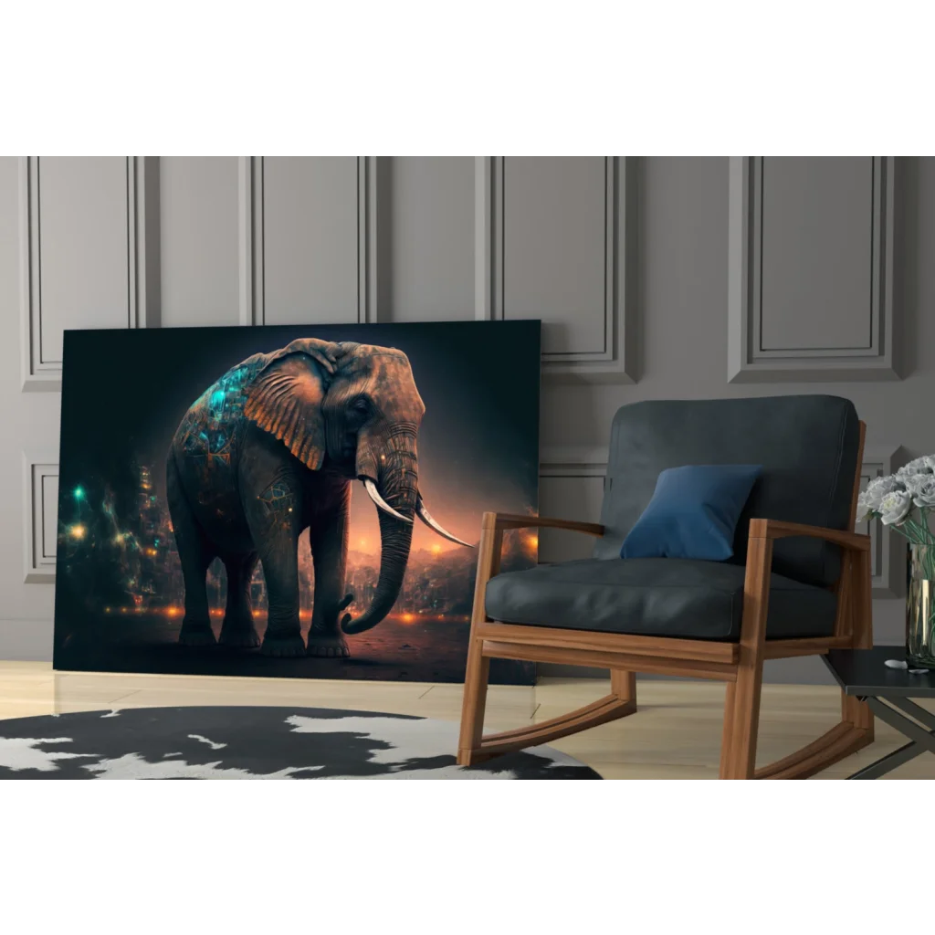 Majestic glowing elephant glass wall art with futuristic city lights