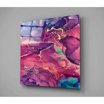 Vibrant swirling rainbow glass wall art with magenta, purple, teal, gold accents