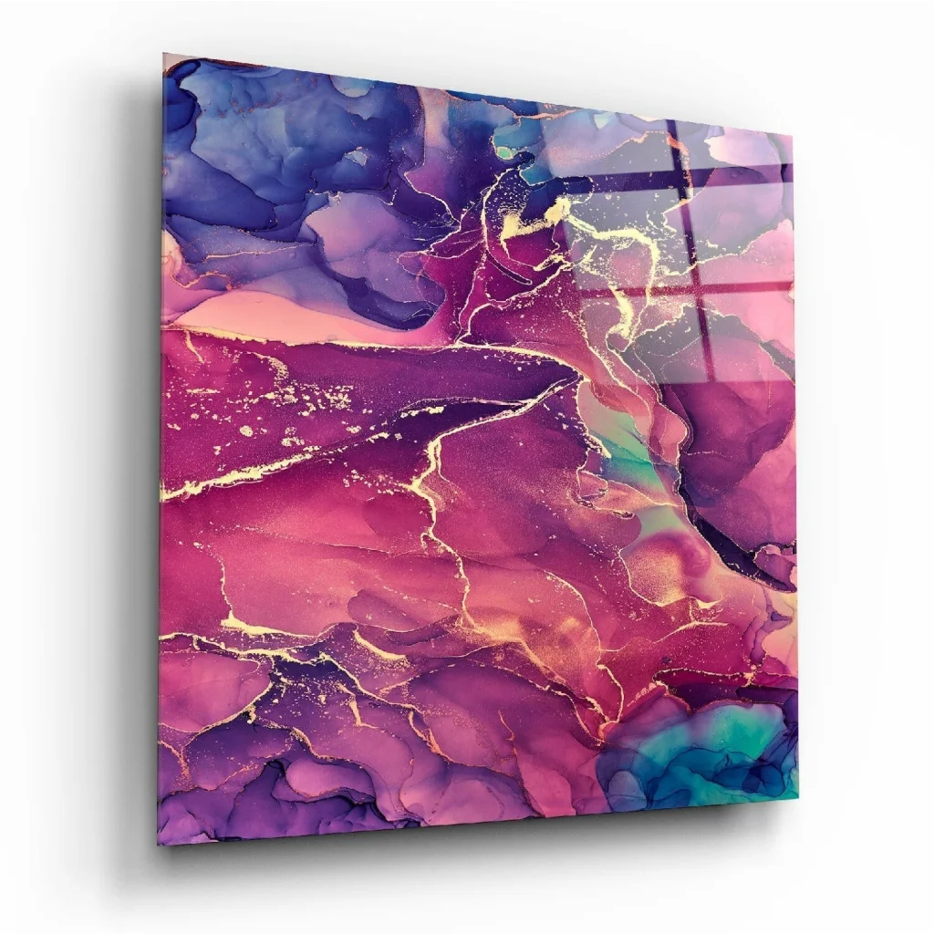 Vibrant swirling rainbow glass wall art with gold accents in purple, pink, teal