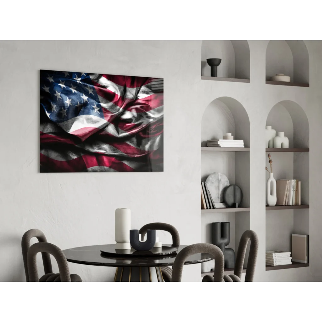 Vivid glossy American Flag canvas wall art on textured fabric