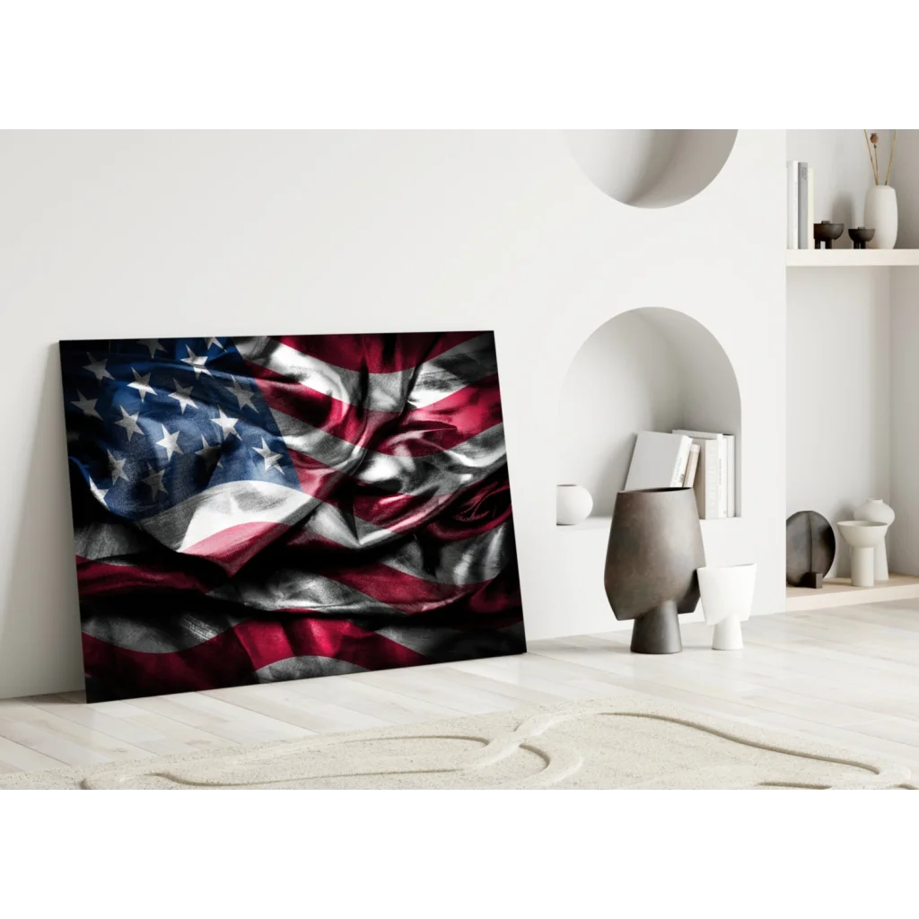 Vibrant glossy American Flag canvas wall art with vivid texture
