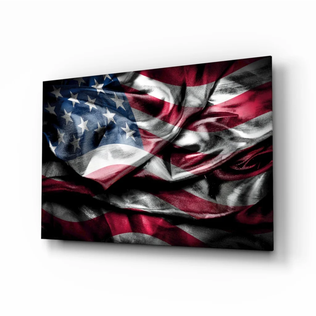 Glossy American Flag canvas wall art with vivid fabric texture