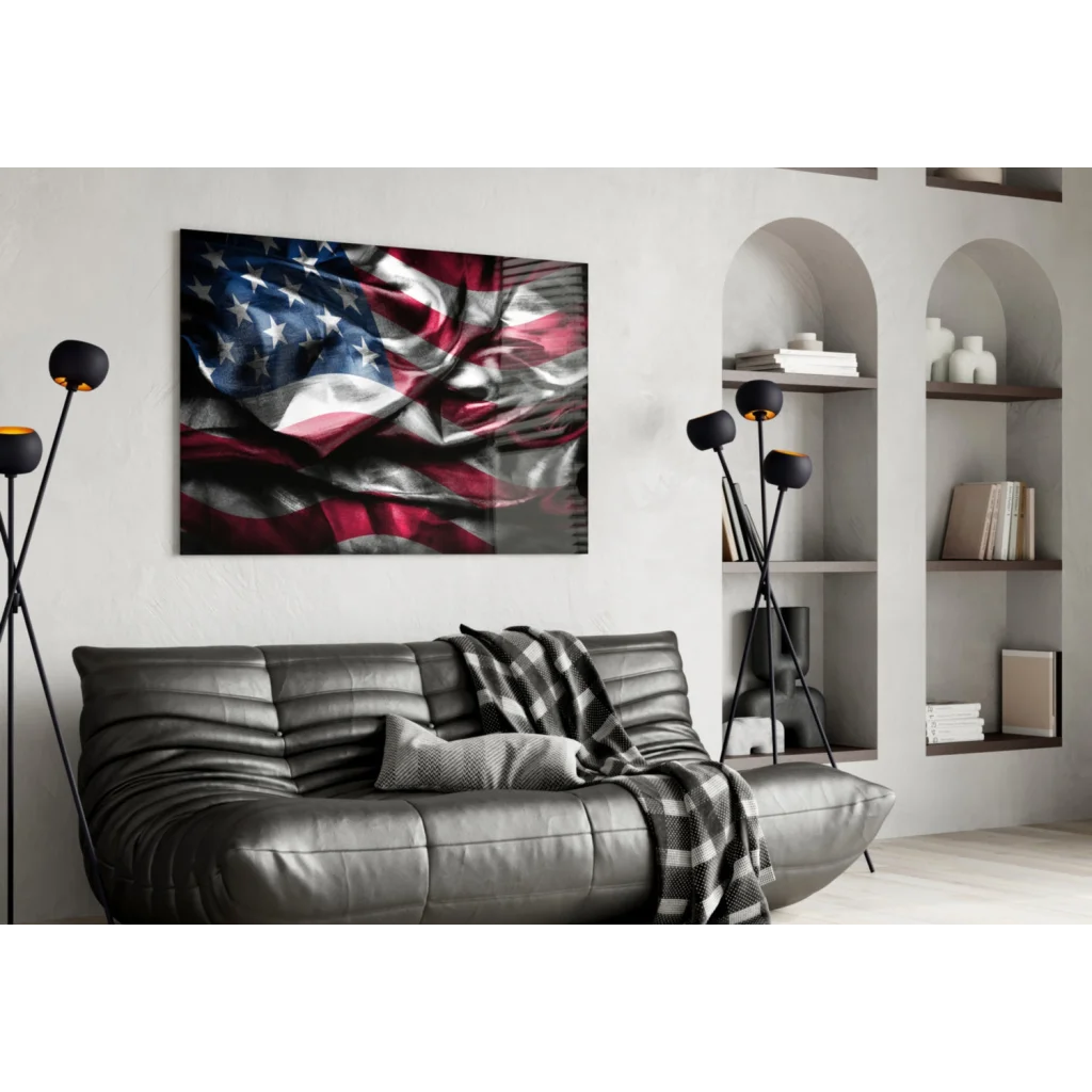 Vivid glossy American Flag canvas wall art on wall