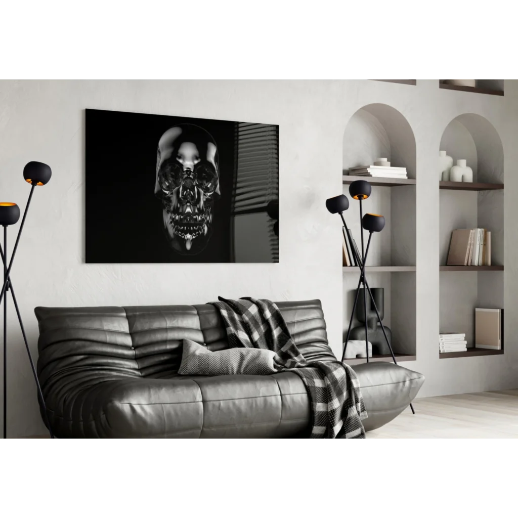 Glossy black skull wall art on modern canvas with metallic shine