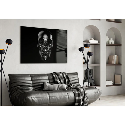 Glossy black skull wall art on modern canvas with metallic shine