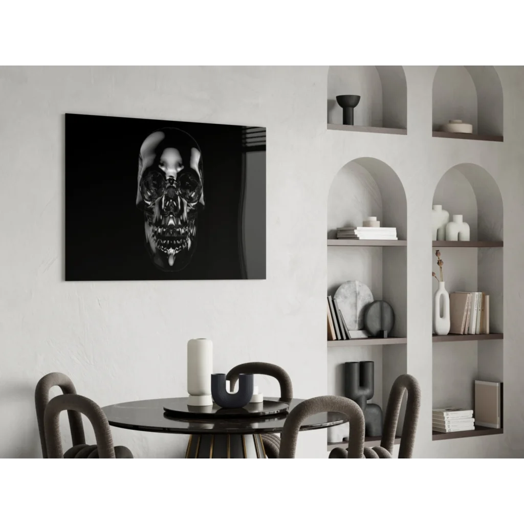 Glossy black skull wall art with metallic shine on canvas