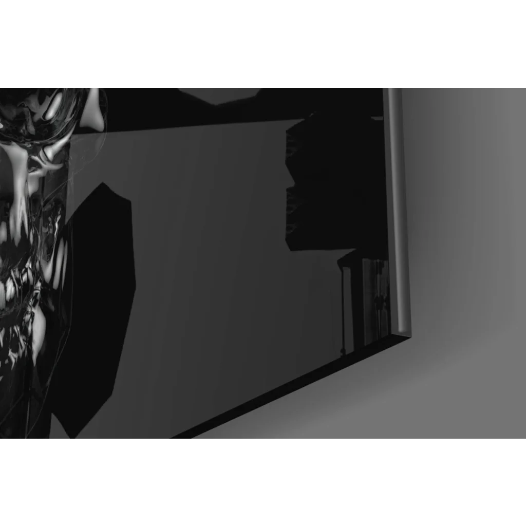 Glossy black skull wall art with reflective TV screen shine