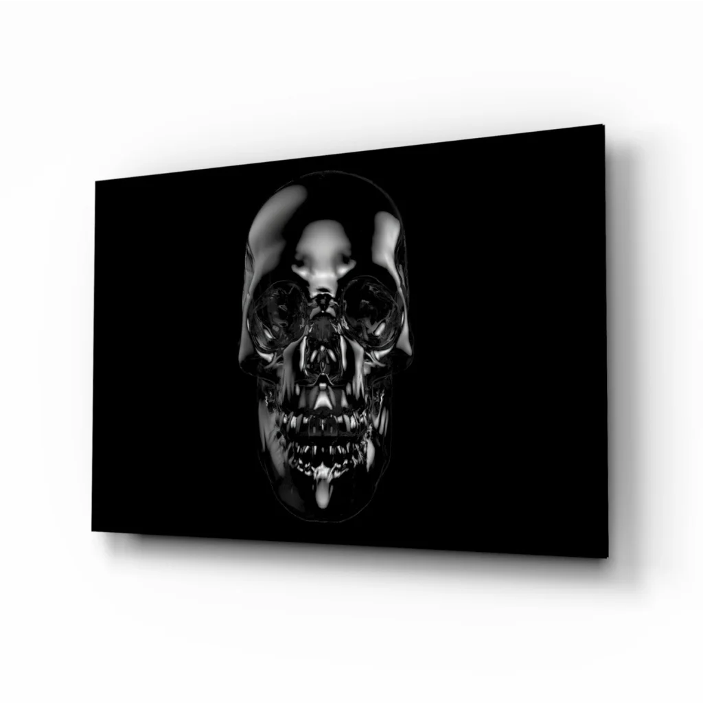 Glossy black skull canvas wall art with metallic shine