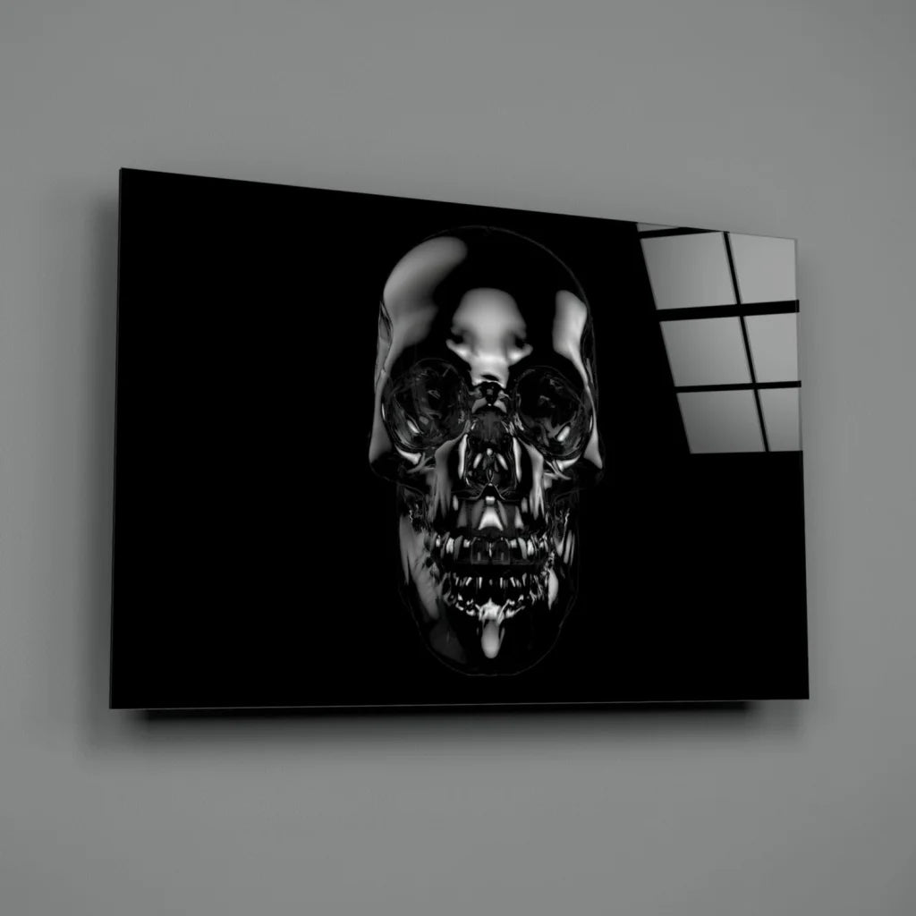 Glossy black skull wall art canvas print with metallic shine