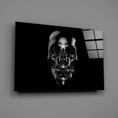 Glossy black skull wall art canvas print with metallic shine