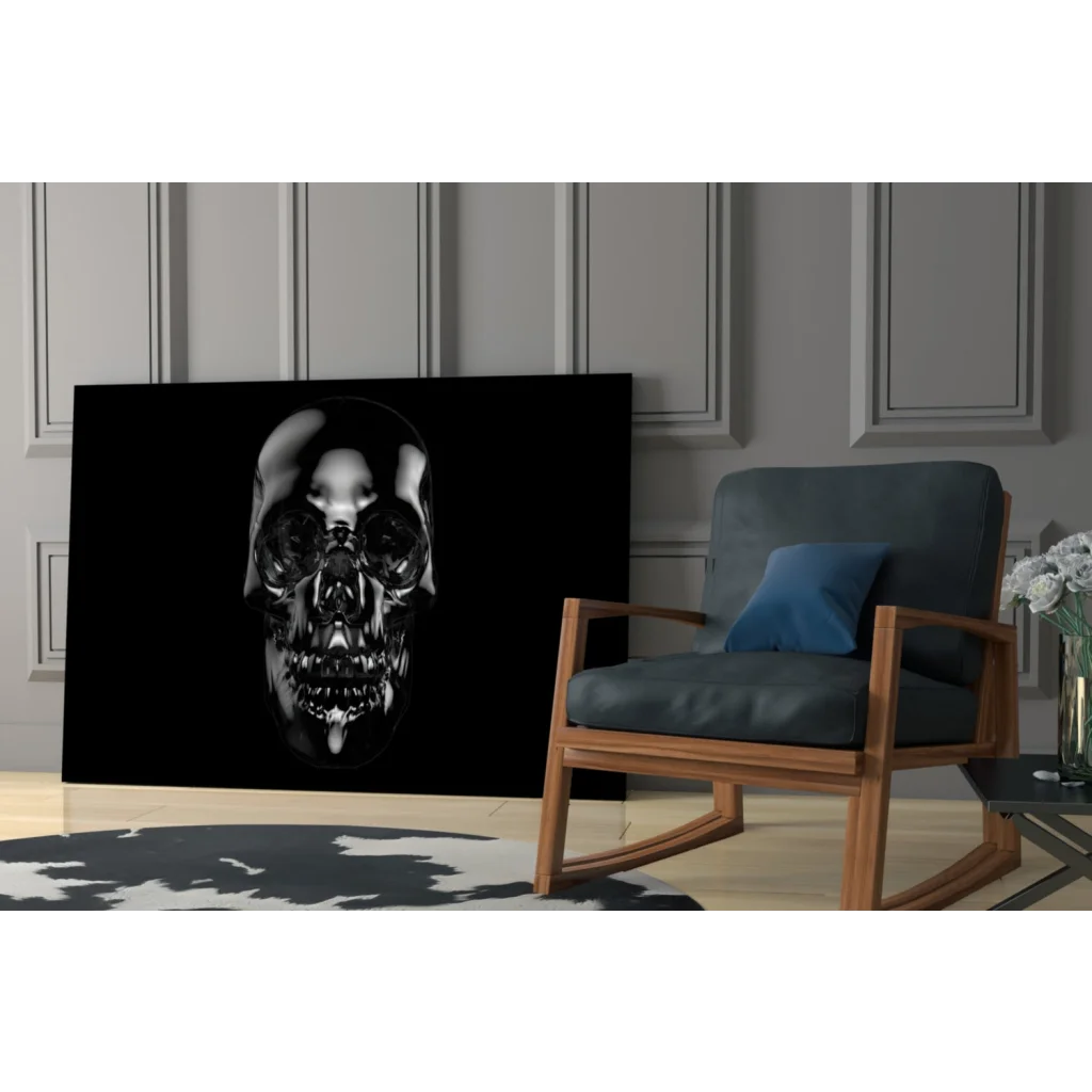 Glossy black skull wall art canvas with metallic shine and reflective eyes