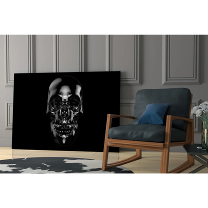 Glossy black skull wall art canvas with metallic shine and reflective eyes