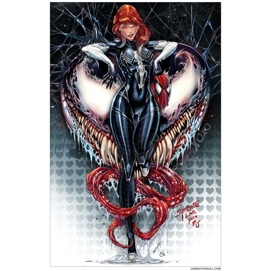 Glossy black and white spider-woman costume on brushed aluminum print