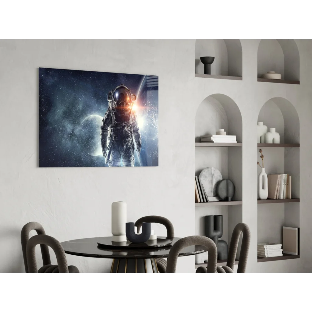 Glowing astronaut space suit poster on glass wall art