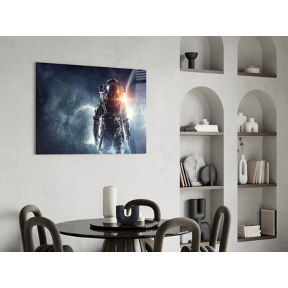 Glowing astronaut space suit poster on glass wall art
