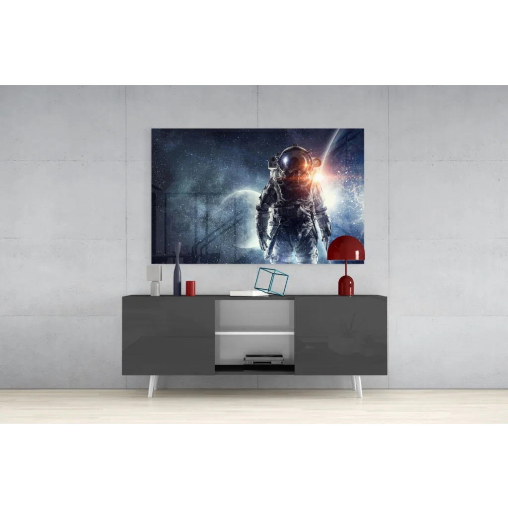 Samsung QLED TV in glowing astronaut glass wall art print
