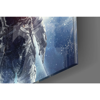 Futuristic glowing astronaut in white blue armor wall art print
