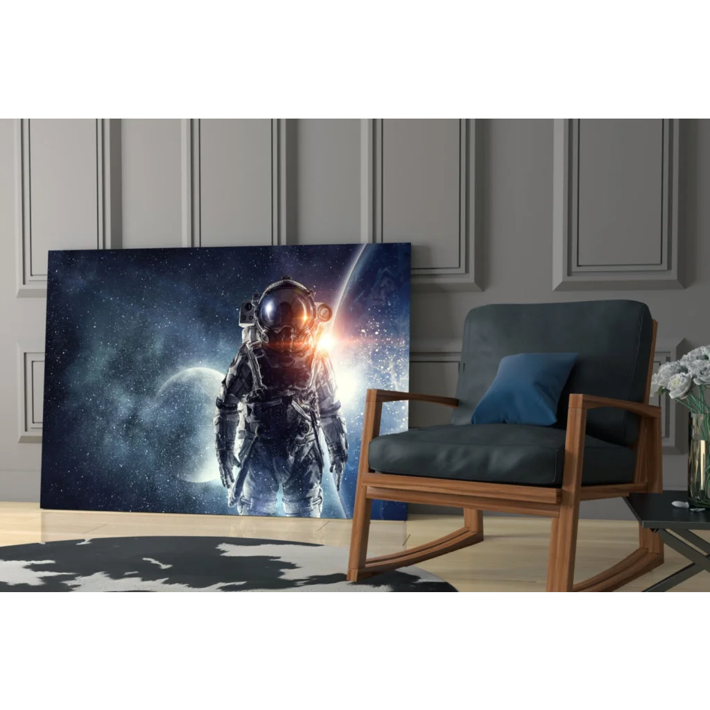 Glowing astronaut canvas wall art print with space background