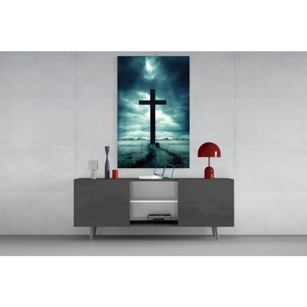 Glowing black cross glass wall art with dramatic sky effect