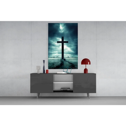 Glowing black cross glass wall art with dramatic sky effect