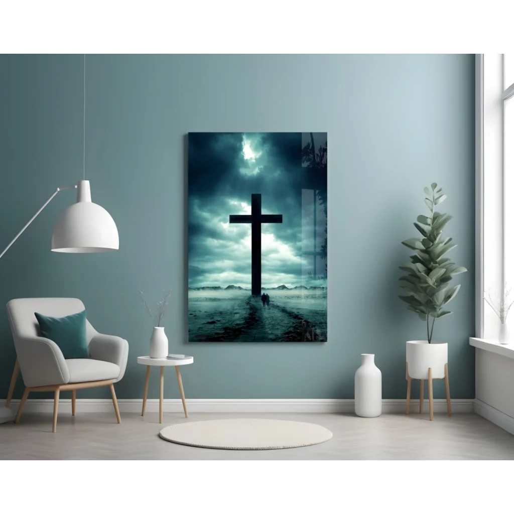 Glowing black cross wall art with dramatic sky effect