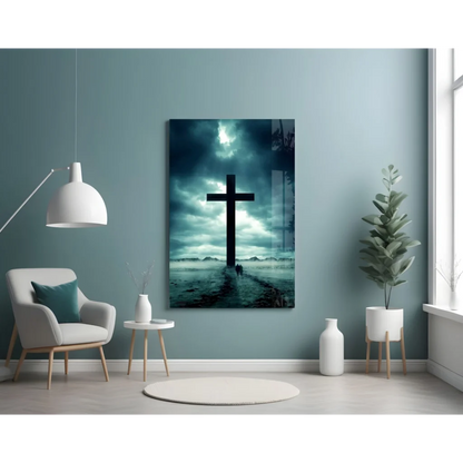 Glowing black cross wall art with dramatic sky effect