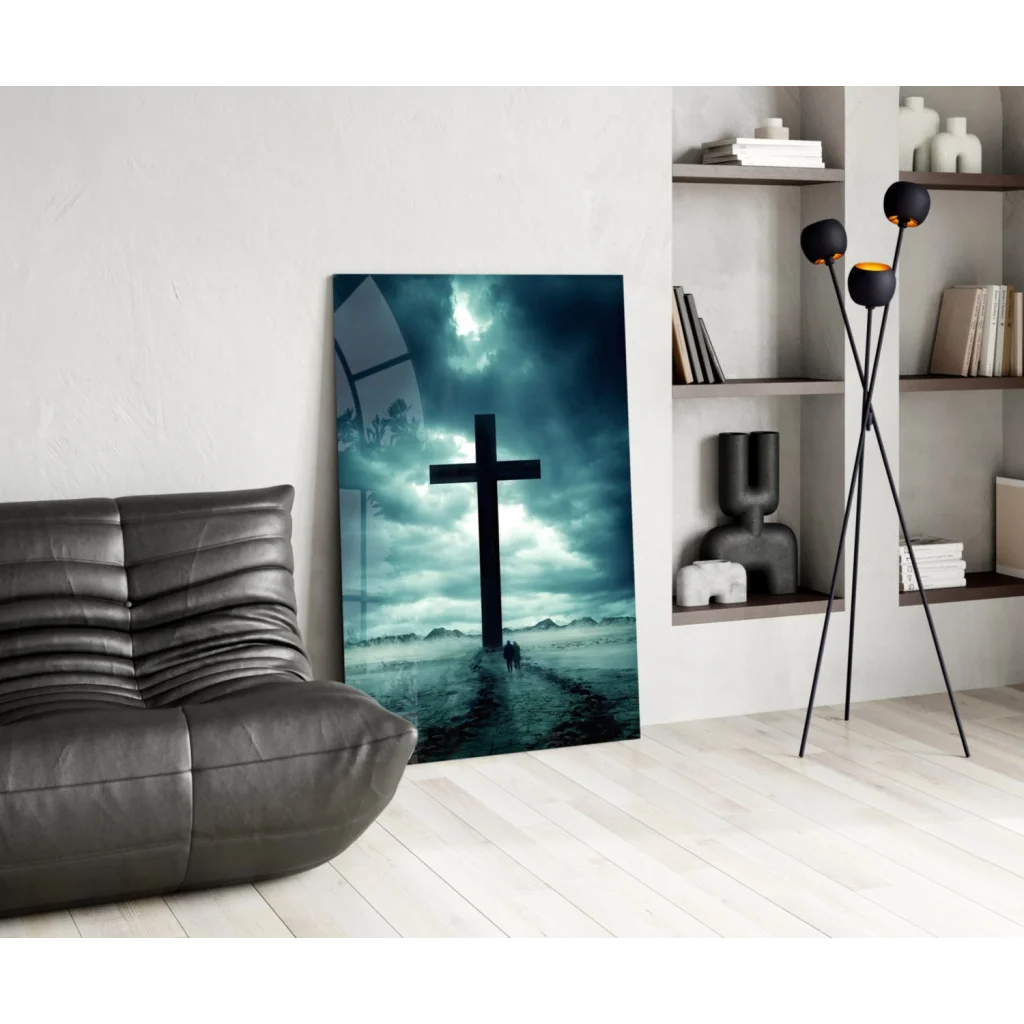 Glowing black cross glass wall art with dramatic sky effect
