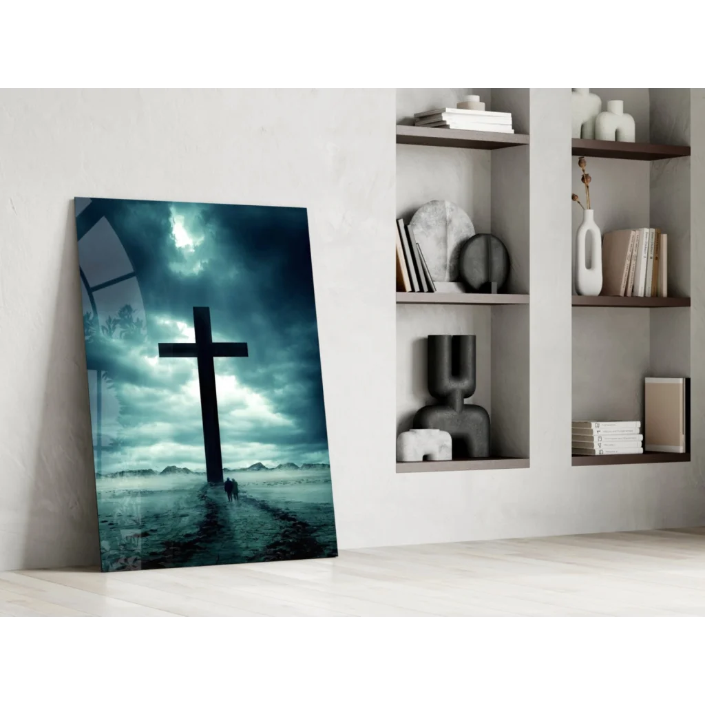 Glowing black cross wall art with dramatic sky and water design