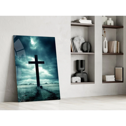 Glowing black cross wall art with dramatic sky and water design
