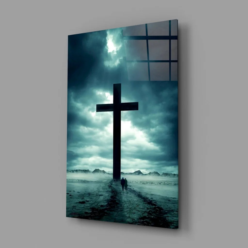 Glowing black cross glass wall art with stunning sky effect