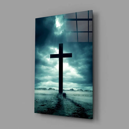 Glowing black cross glass wall art with stunning sky effect