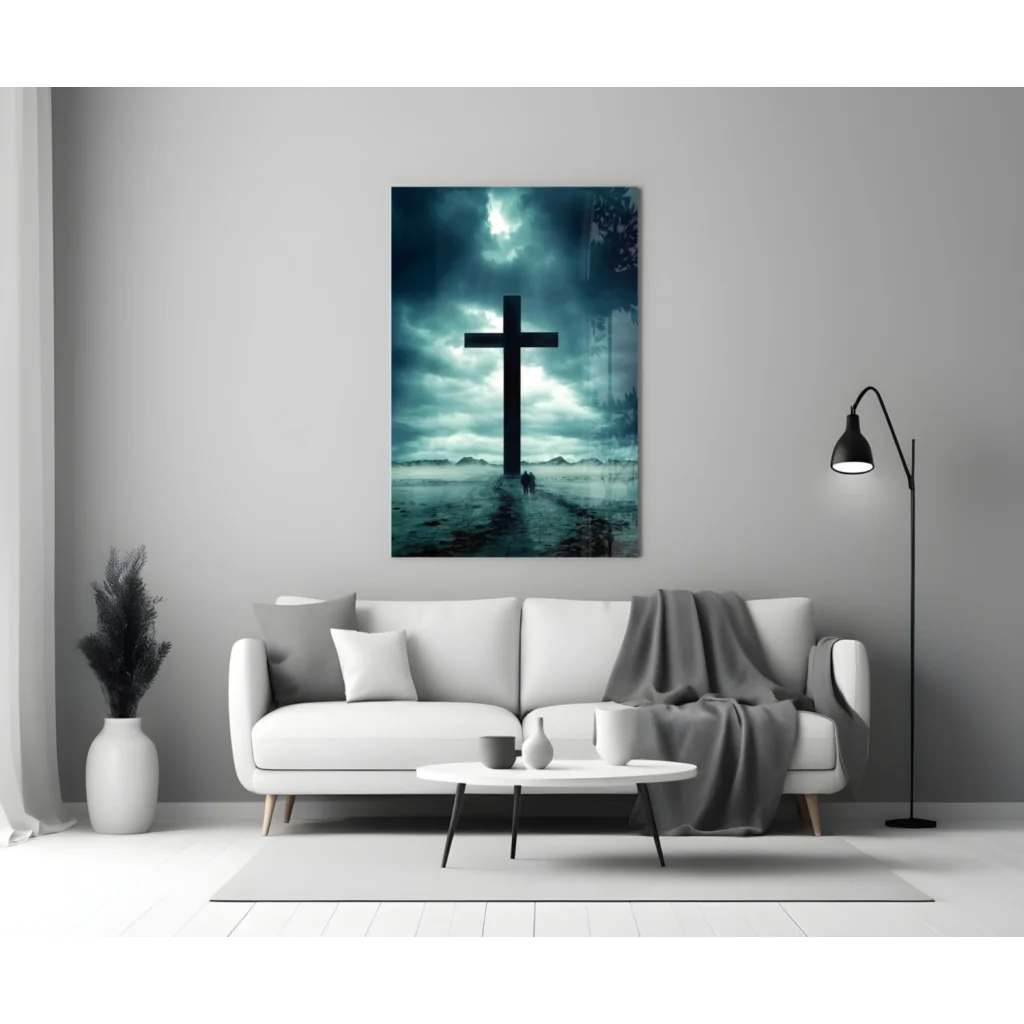 Glowing black cross wall art with stunning sky effect