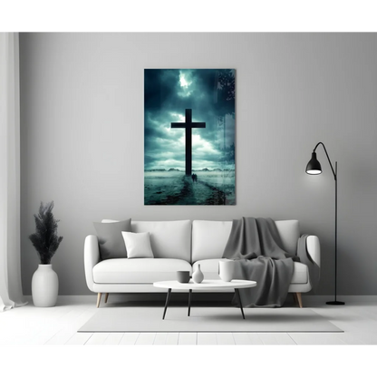 Glowing black cross wall art with stunning sky effect