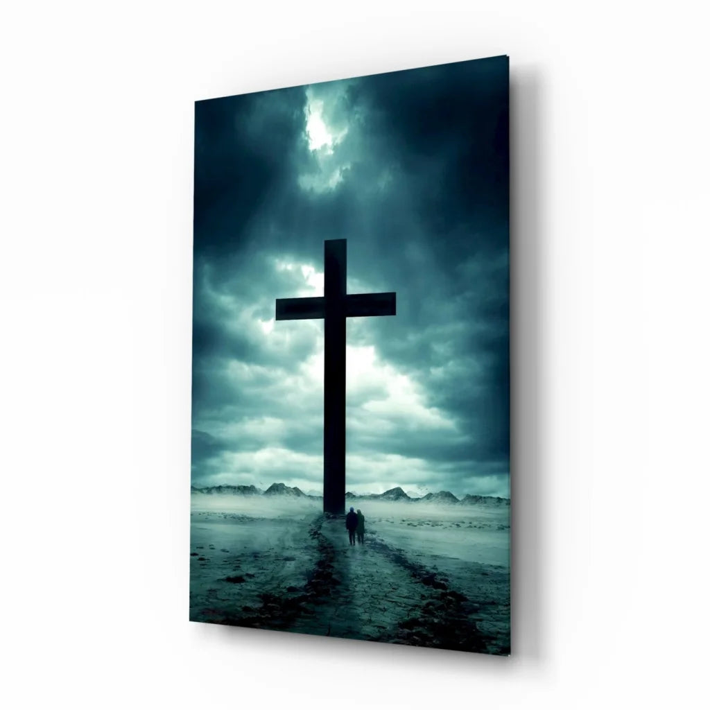 Glowing black cross glass wall art with dramatic sky background