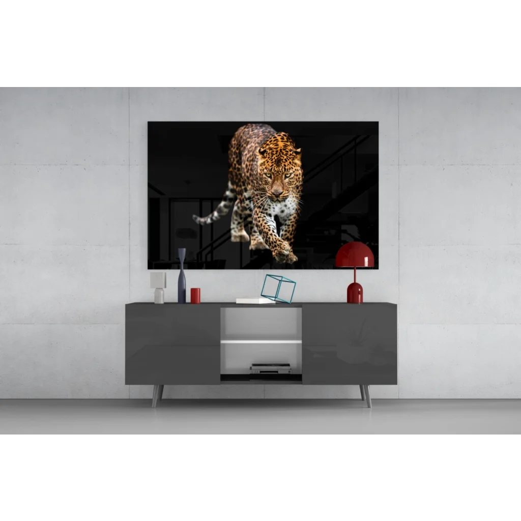 Glowing black leopard glass wall art with sleek Samsung QLED TV frame