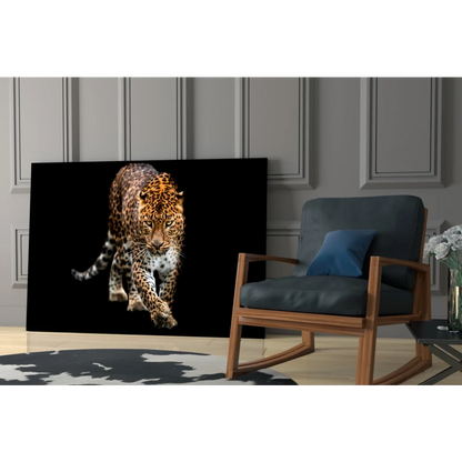 Glowing black leopard glass wall art with orange accents