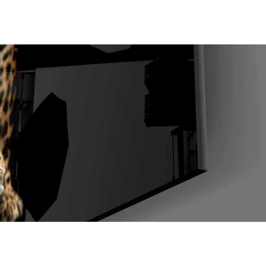 Glowing black leopard glass wall art with metallic frame