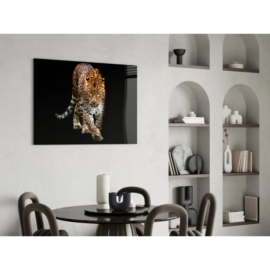 Glowing black leopard glass wall art with textured fur and dynamic pose