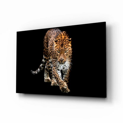 Glowing black leopard glass wall art with metallic frame