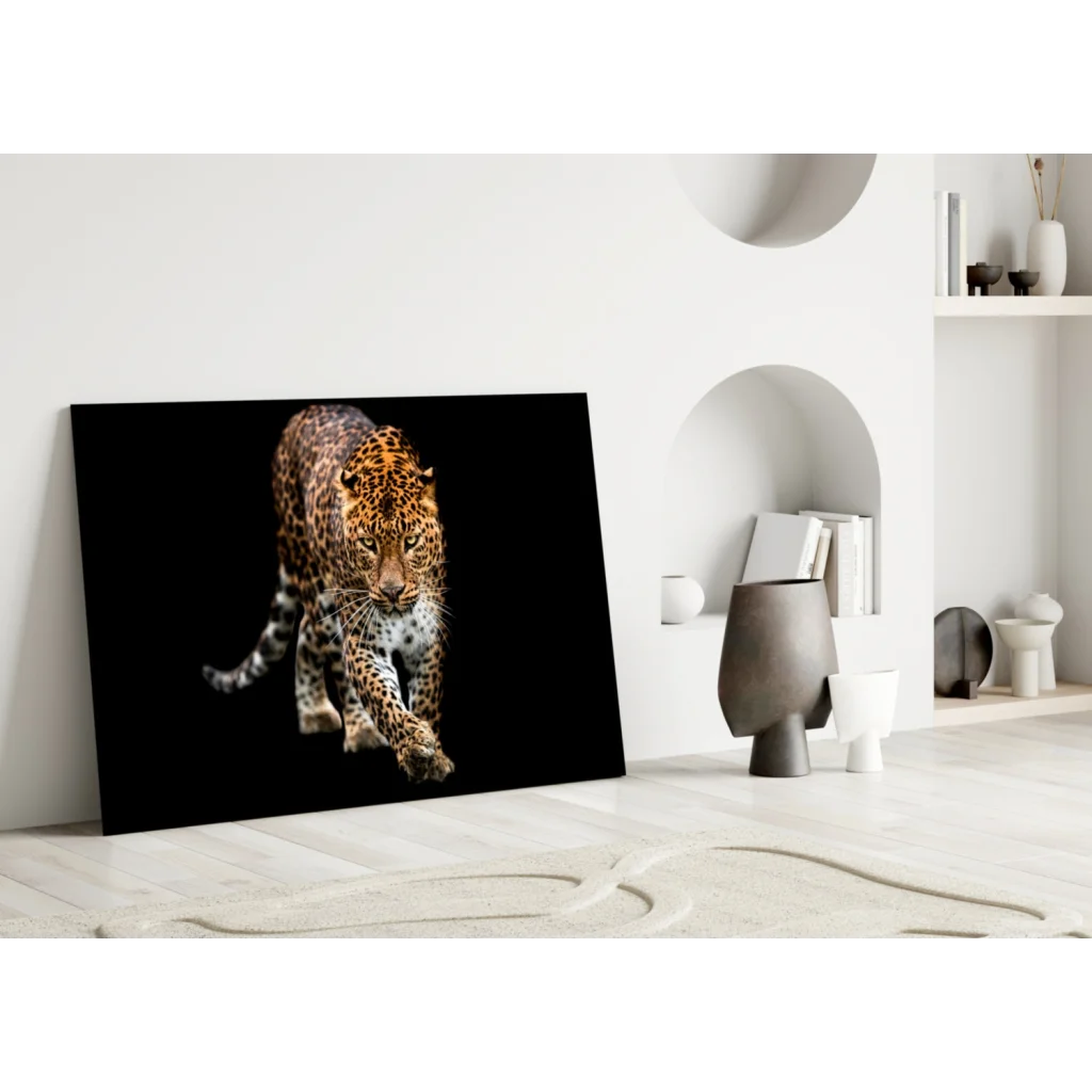 Glowing black leopard glass wall art with metallic frame