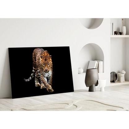 Glowing black leopard glass wall art with metallic frame