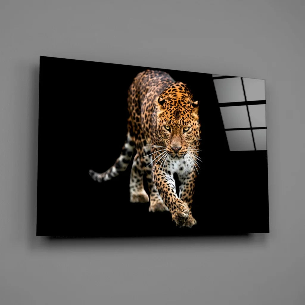 Glowing black leopard glass wall art with metallic frame