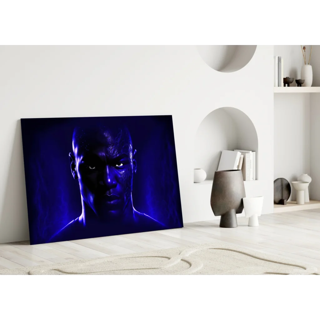 Mystical bald man portrait in glowing blue light canvas wall art