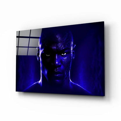 Stylized bald man with glowing eyes on blue canvas wall art