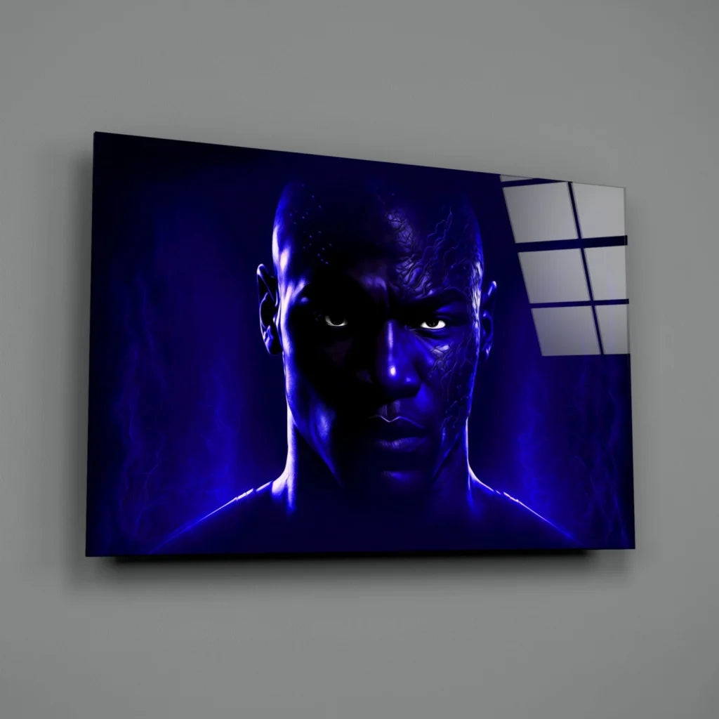 Glowing blue portrait canvas wall art with mystical eyes