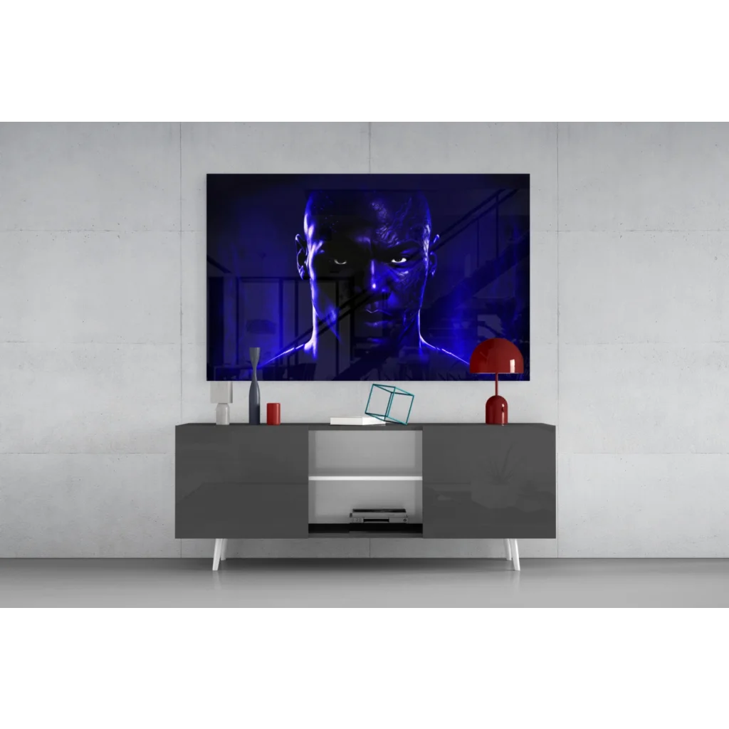 Striking blue-toned man with glowing eyes on sleek TV, glowing blue portrait glass wall art